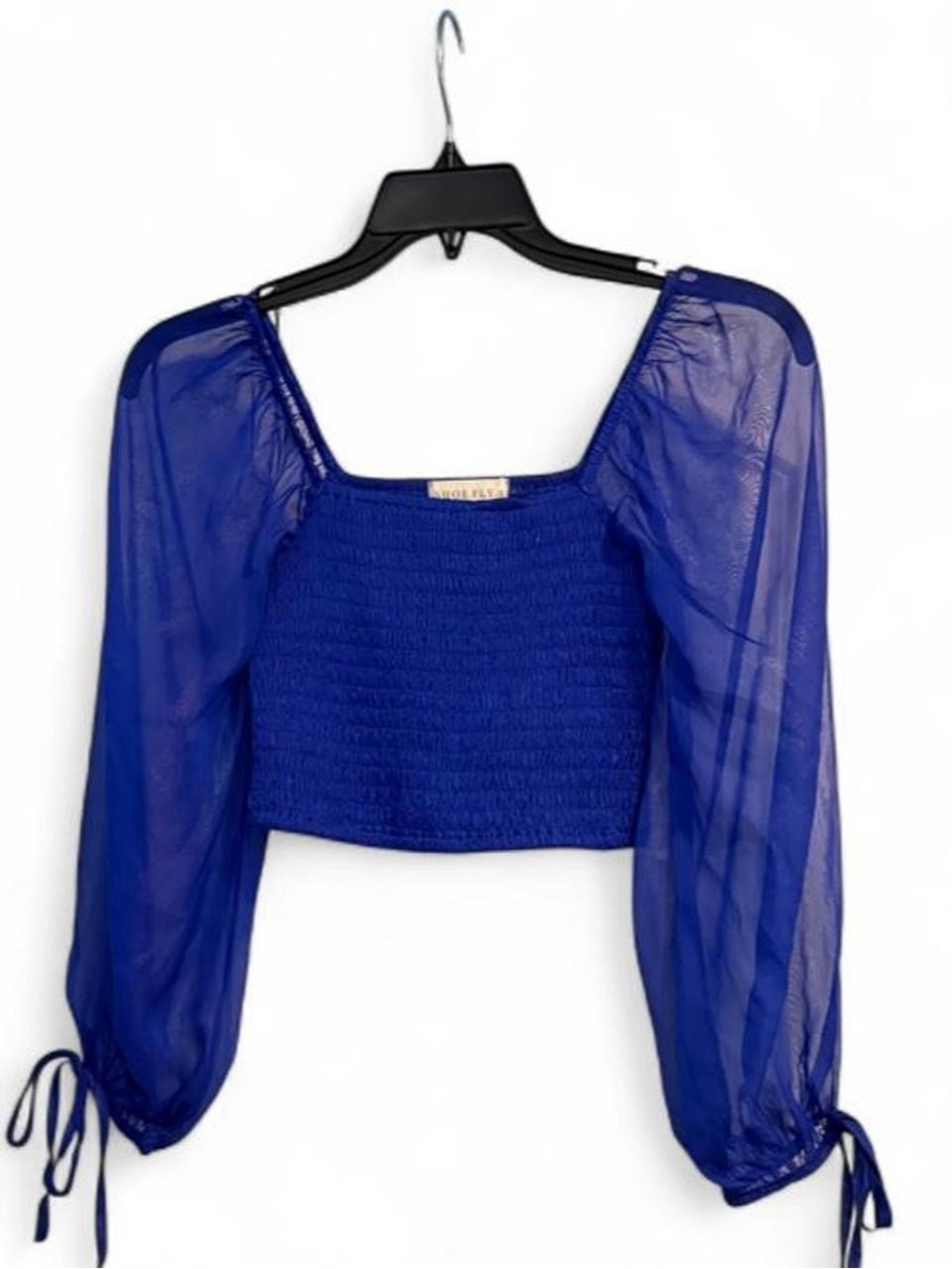 Boutique Brand Shoe Fly Blue Iridescent Sheer Sleeve Crop Top